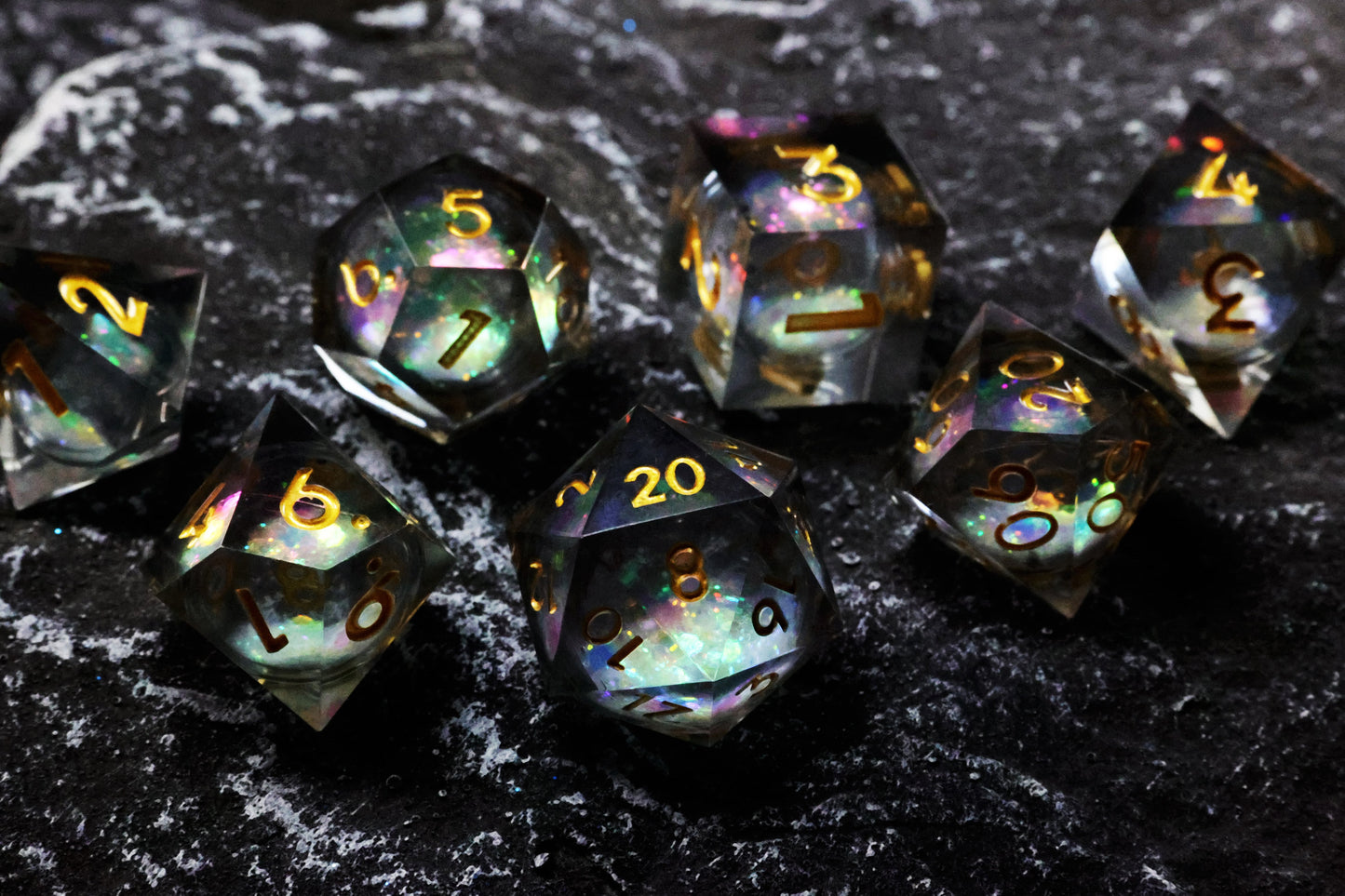 DiceNest  D&D Rainbow & Starry Sky Liquid Core Dice Set – Sharp-Edged Resin