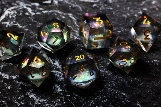 DiceNest  D&D Rainbow & Starry Sky Liquid Core Dice Set – Sharp-Edged Resin