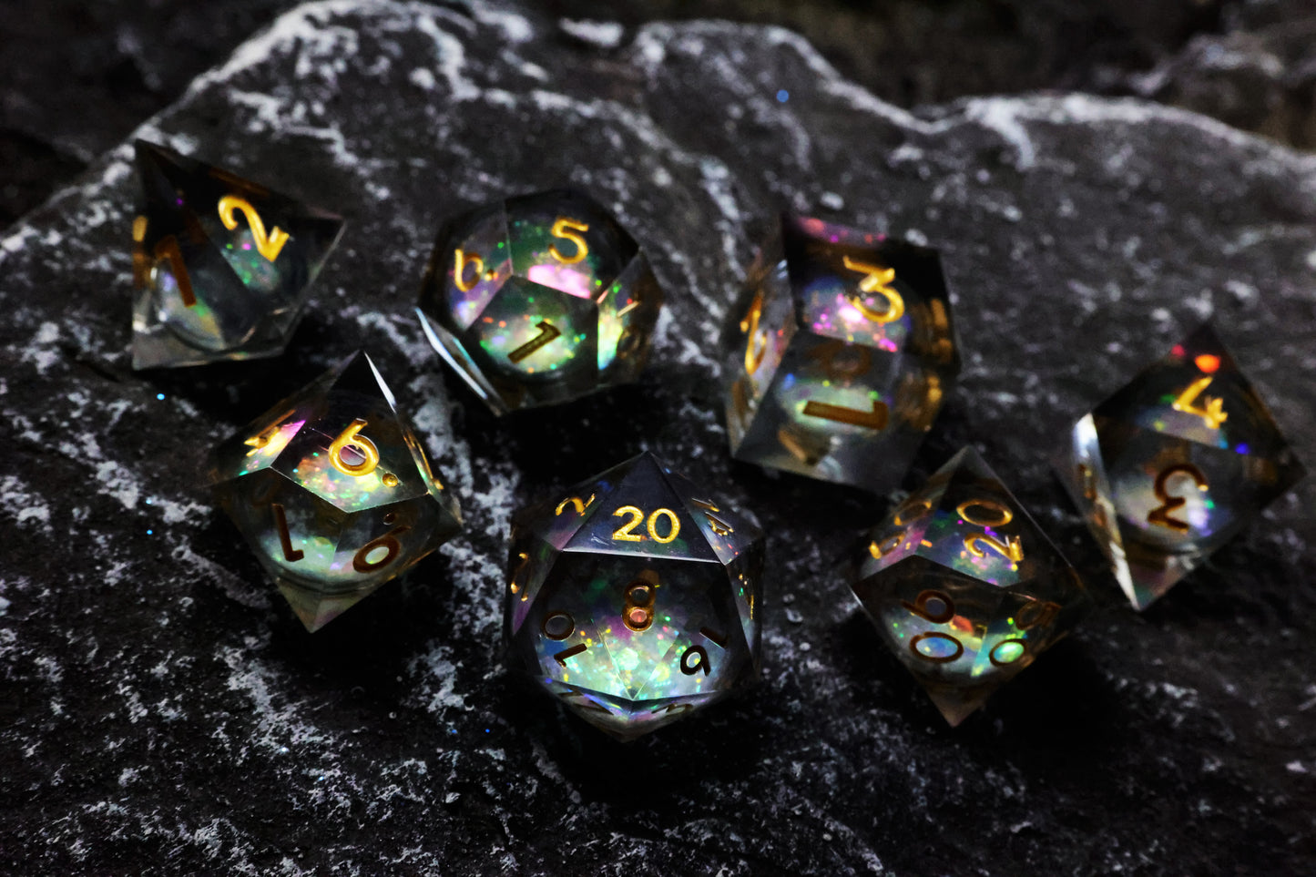 DiceNest  D&D Rainbow & Starry Sky Liquid Core Dice Set – Sharp-Edged Resin