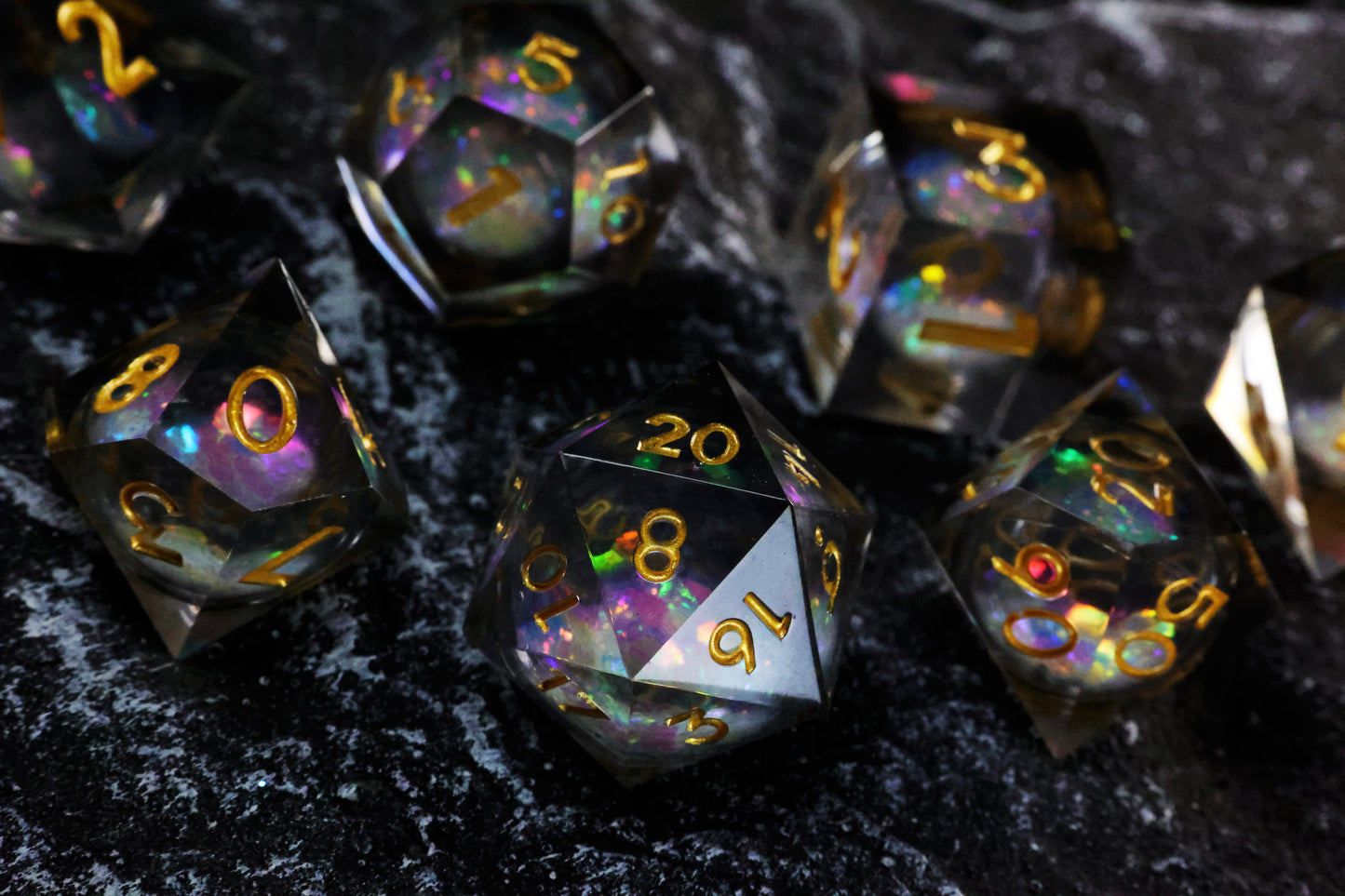 DiceNest  D&D Rainbow & Starry Sky Liquid Core Dice Set – Sharp-Edged Resin